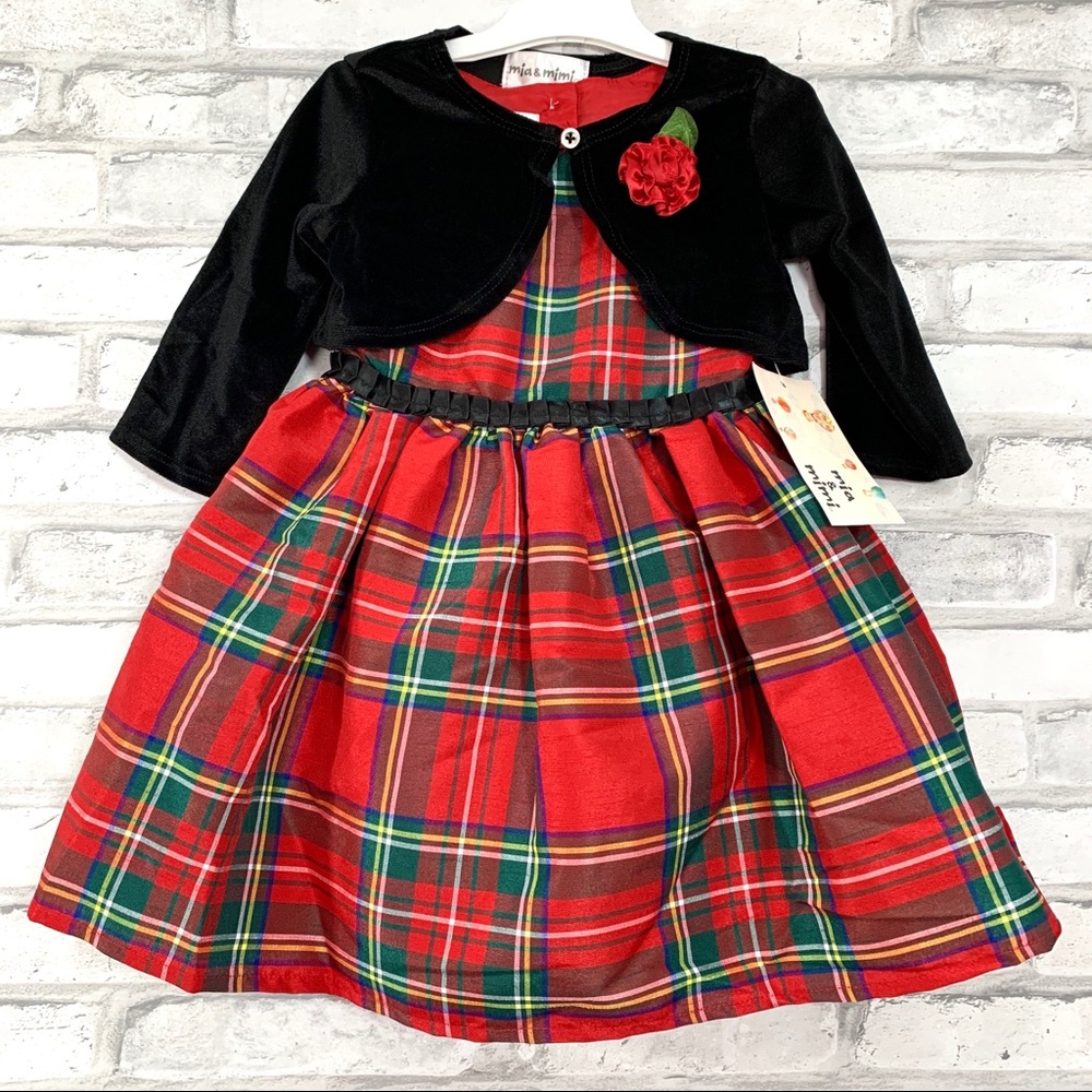 Mia & Mimi Girls Red Black Plaid Holiday Christmas Dress with Long Sleeve Jacket